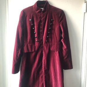 Red velvet military coat-style jacket